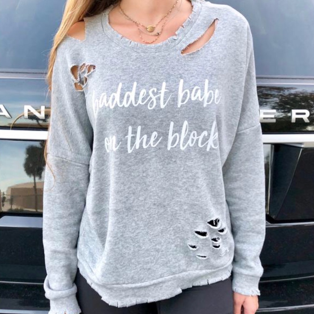 Baddest Babe on the Block, trendy distressed top!